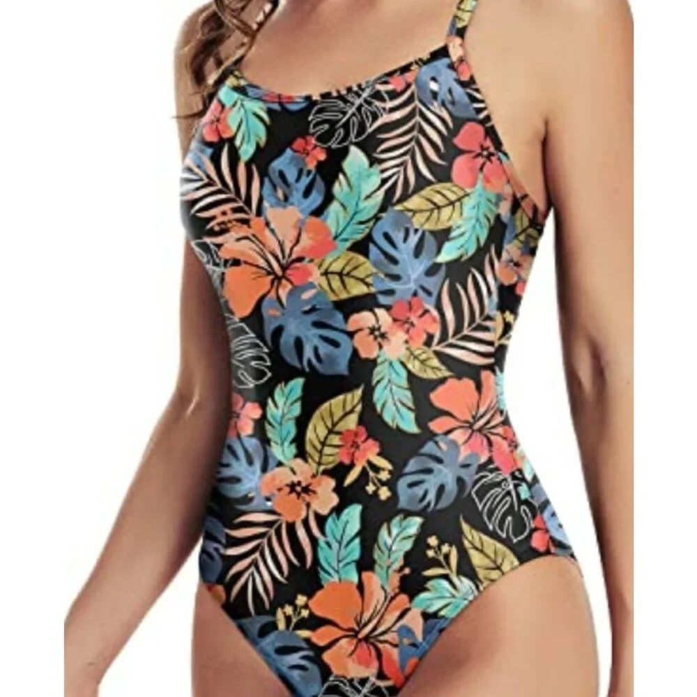 Tempt Me Womens Large Tropical Floral One-Piece Swimsuit Crisscross Sides Beach